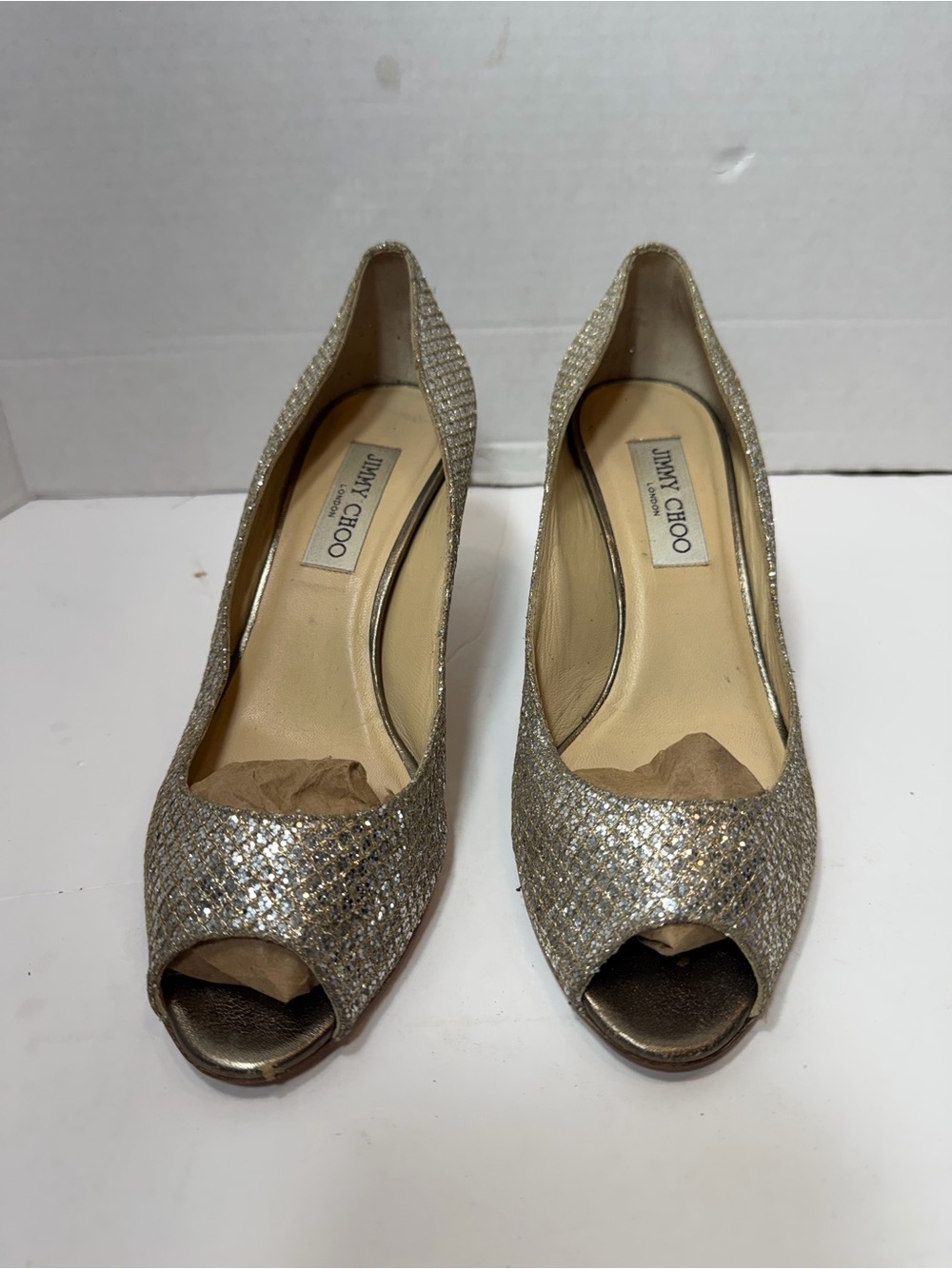Jimmy Choo Isabel Champagne Glitter Fabric Peep Toe Heels Pumps Shoe Size 38 - Picture 2 of 7